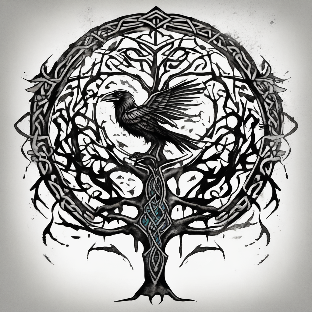 Irish shoulder tattoo, that is non-religious and has a Celtic tree and tribal ravens glitter tattoo, design de tatouage Aquarelle généré par IA
